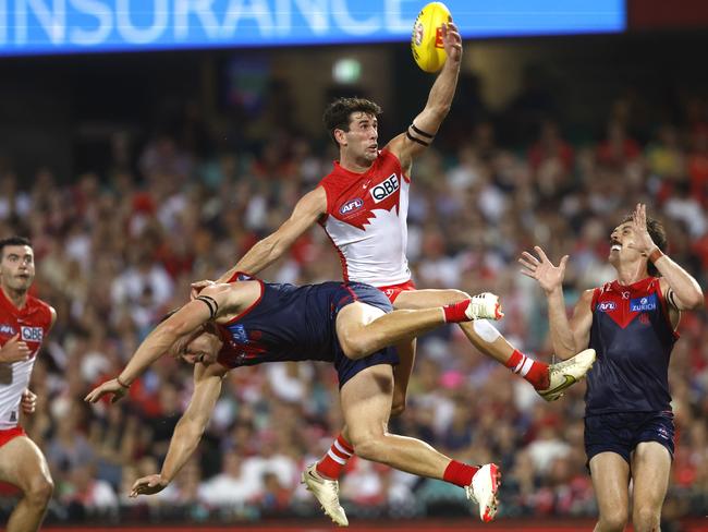 Sydney's Robbie Fox and Melbourne's Steven May during the AFL Opening Round match at the SCG. Picture: Phil Hillyard