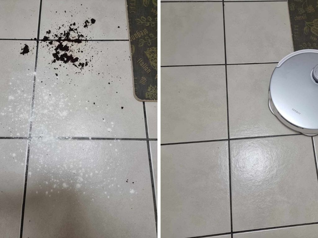Before (left) and after (right) testing the Ecovacs DEEBOT T20 Omni on tiles. Picture: news.com.au/Tahnee-Jae Lopez-Vito.