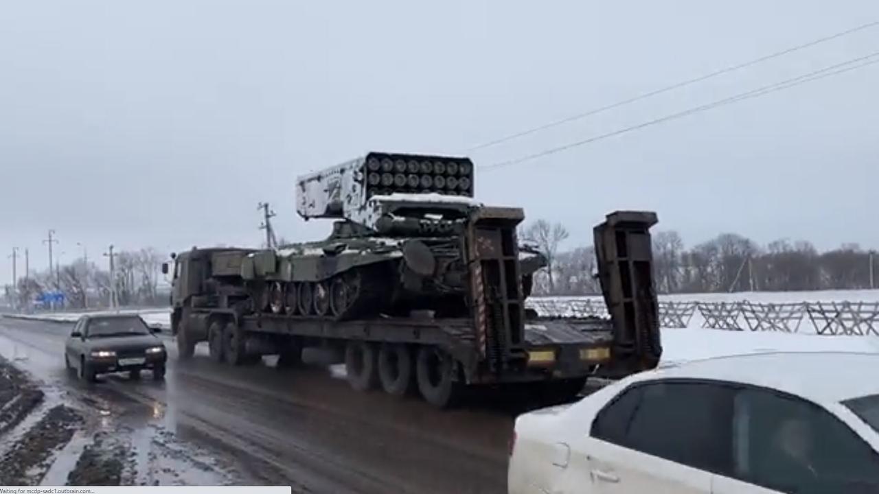 The Russian army has deploys the TOS-1 heavy flamethrower which shoots thermobaric rockets. Picture: Twitter