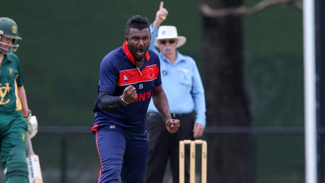 Arosh Janoda gets a wicket for St Albans. Picture: George Sal