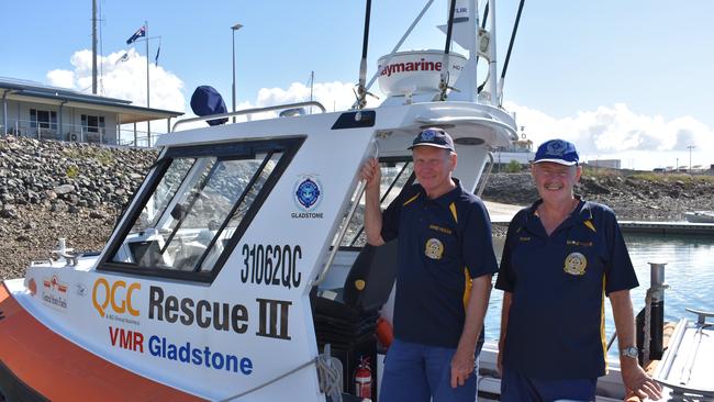 VMR Gladstone vice president Jeff Caldwell and public relations officer Peter Cameron on board QGC Rescue III at VMR Gladstone.