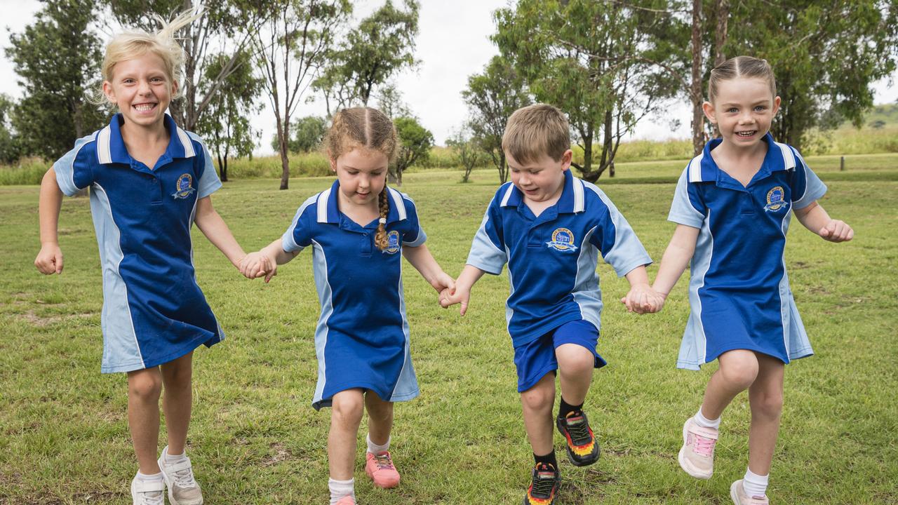 MY FIRST YEAR 2024: Emu Creek State School Prep students Marnie, Lena, Noah and Madison, Thursday, February 15, 2024. Picture: Kevin Farmer