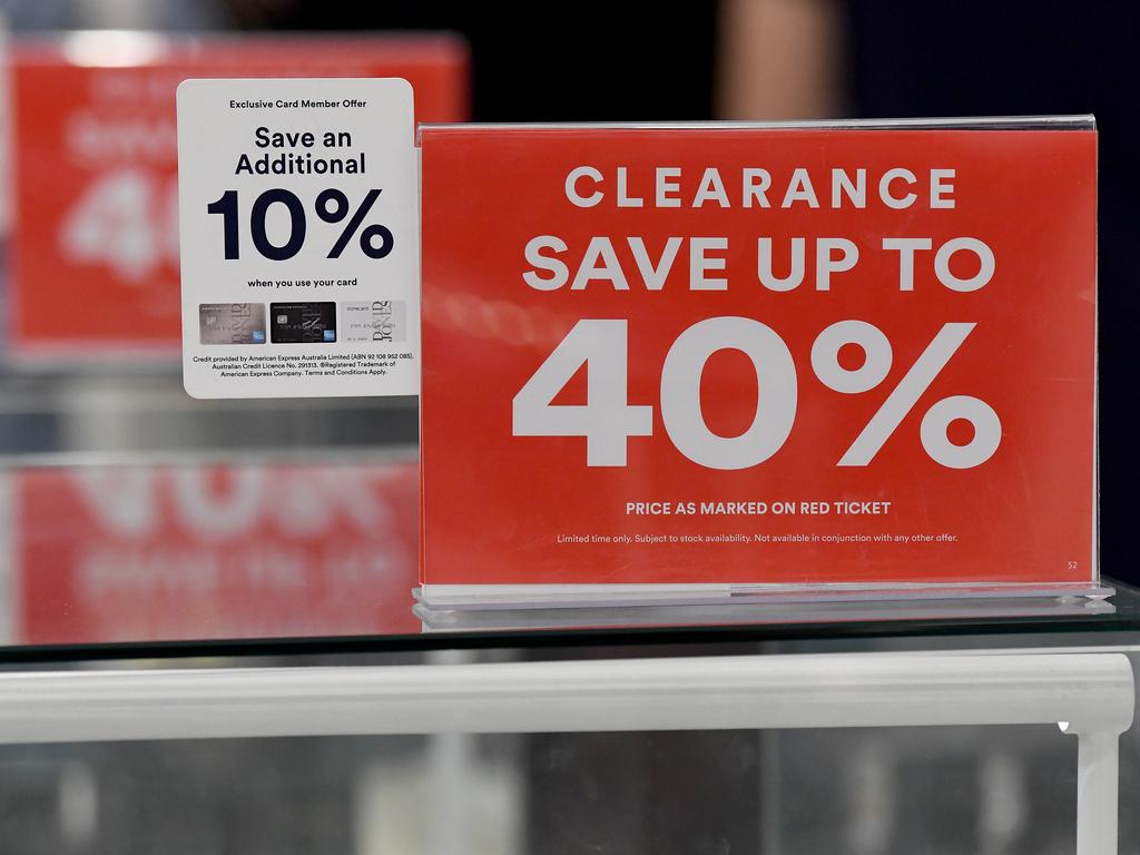 Sale signage is seen during Boxing Day sales at the David Jones Elizabeth Street Flagship store in Sydney, Thursday, December 26, 2019. (AAP Image/Bianca De Marchi)