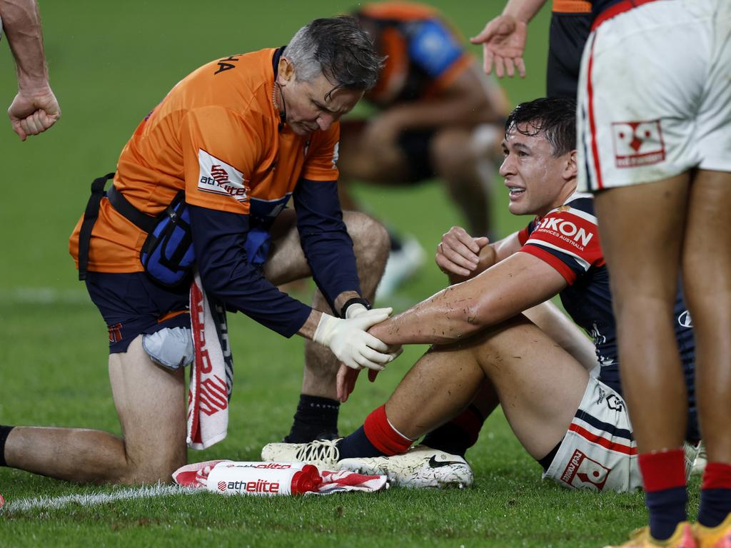 Joey Manu has suffered a suspected fractured hand/wrist. Picture: NRL Imagery