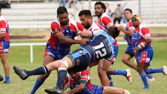 03/05/2023 - Action from the Plate Final at the 47th Battalion Carnival in Emerald between the Burnett Brahmans and the Central Highlands. Picture: Queensland Rugby League