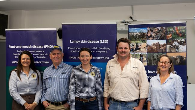 Cattlemen’s Association’s Romy Carey (left) beside NT Vet Dr Rob Williams with Ceny Hussie, Charles Vaughn and Michelle Baker.