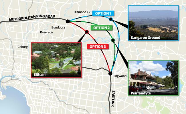The three suggested routes for the North East Link.