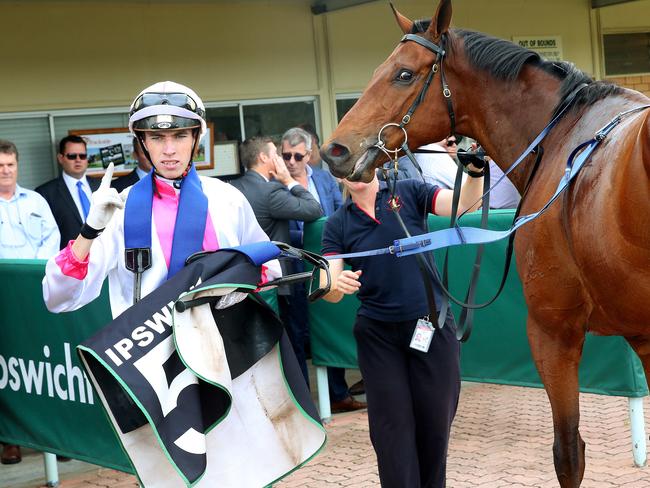 James Orman joined Jeff Lloyd on 62 metropolitan wins with his double on In His Stride (above) and Blueberry Hill at Ipswich. Picture: Liam Kidston