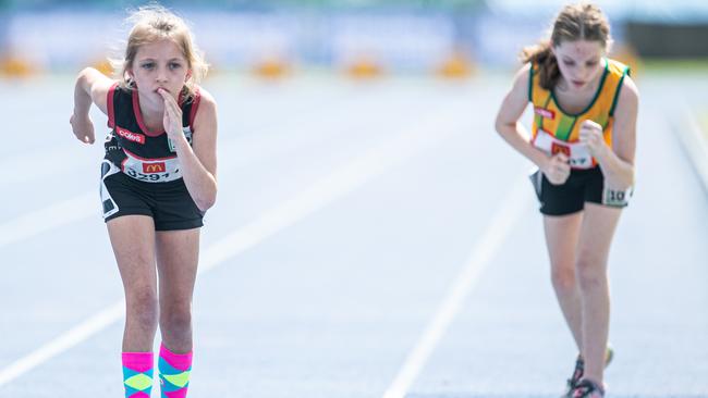 Girls Under 9-10 800m multi class starts with Violet Fuller from Wyong and Mia James from Edgeworth. Picture: Julian Andrews