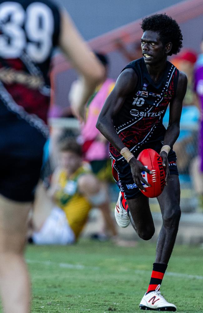 Thaddeus Puautjimi as St Mary's took on the Tiwi Bombers in the 2024-25 NTFL men's semi-final. Picture: Pema Tamang Pakhrin