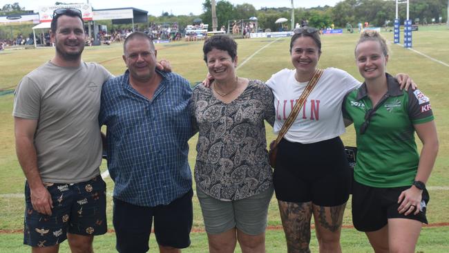 Tom Schaumberg, Wade and Jane Eastburn, Taylor Fishlock and Townsville Blackhawks under-17 girls coach Mateeka Nielson at the CQ Capras under-17s Round 1 games against the Townsville Blackhawks at Webb Park, Yeppoon, on February 15, 2025.