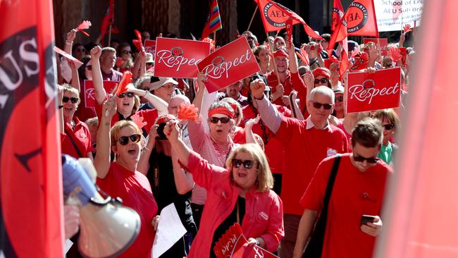 Australian Education Union members rally outside the Education Department in October, 2018. Picture: Kelly Barnes/AAP