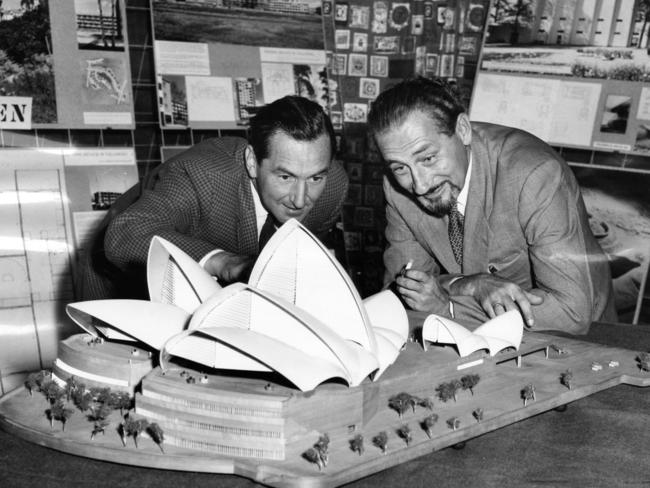 Architects Eric von Schramek and T. Andrzejaczek examining a model of the Sydney Opera House. Picture: Hugh Ross