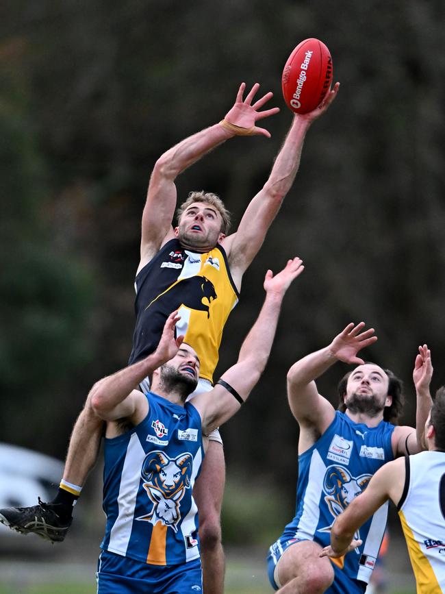 Chirnside Park’s Matthew King flies over the pack. Picture: Andy Brownbill