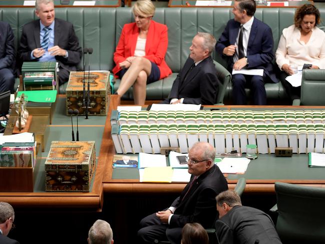 CANBERRA, AUSTRALIA - FEBRUARY 14: Prime Minister Scott Morrison (bottom) and Opposition Leader Bill Shorten (top) in the House of Representatives during Question Time at Parliament House on February 14, 2019 in Canberra, Australia. Senator Jordan Steele-John called out CALL THE VOTE, CALL A VOTE, in regards calling a royal commission into disability abuse. This could be the longest running Question Time. (Photo by Tracey Nearmy/Getty Images)