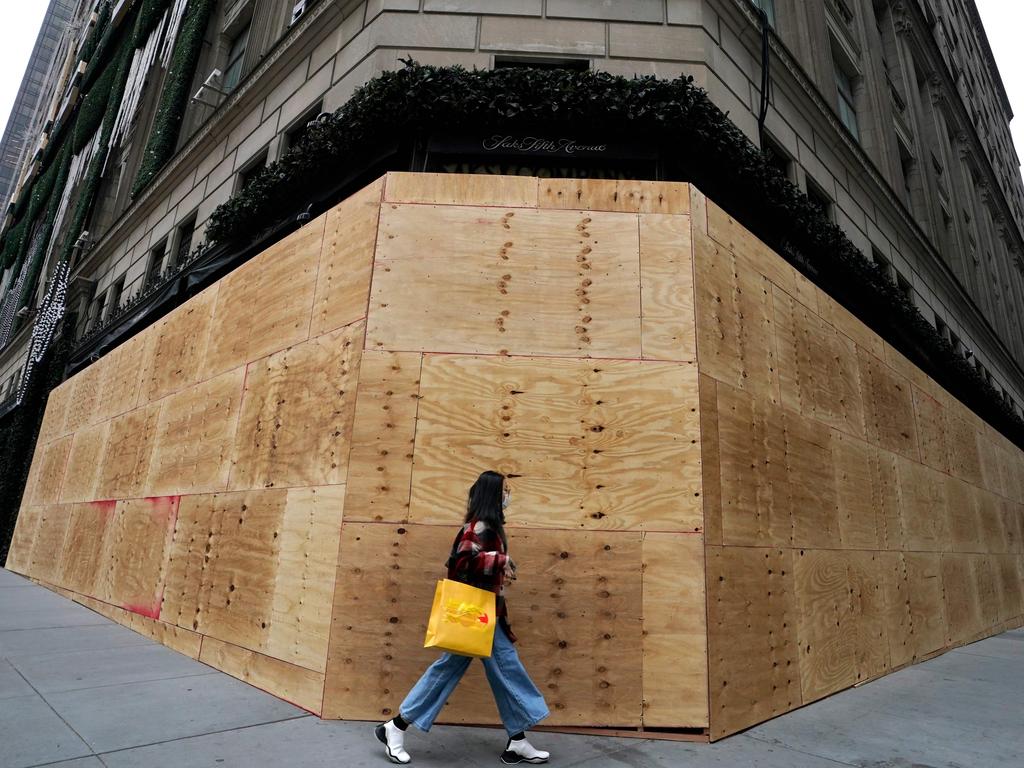 A Saks Fifth Avenue store in New York boarded up ahead of the presidential election. Picture: Timothy A. Clary/AFP