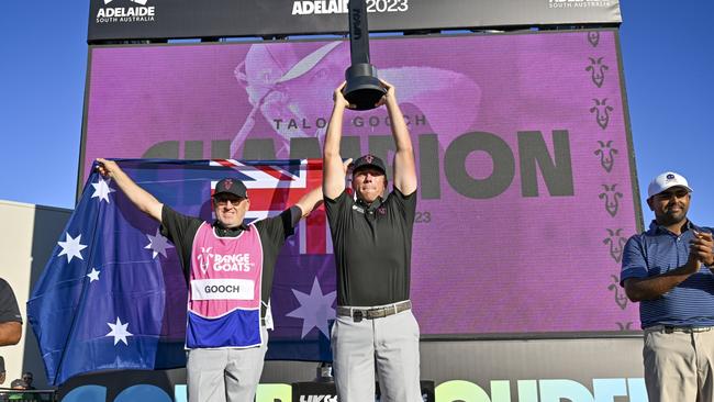 Talor Gooch celebrates winning LIV Golf’s Adelaide event. Picture: Mark Brake/Getty Images