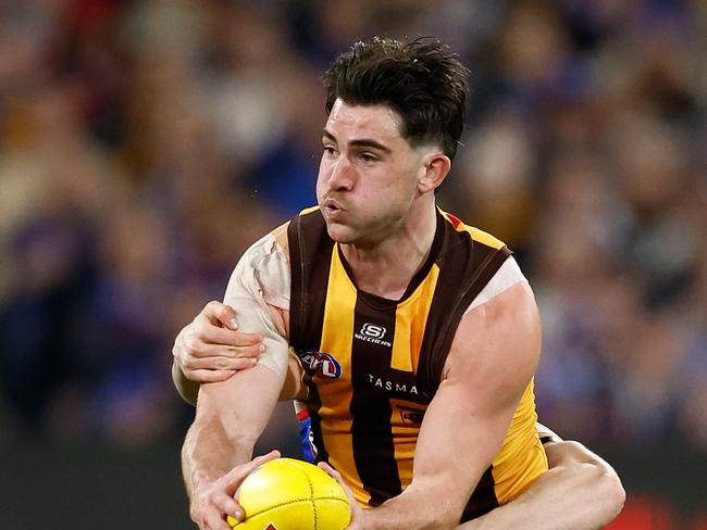 MELBOURNE, AUSTRALIA - SEPTEMBER 06: Jai Newcombe of the Hawks is tackled by Harvey Gallagher of the Bulldogs during the 2024 AFL Second Elimination Final match between the Western Bulldogs and the Hawthorn Hawks at The Melbourne Cricket Ground on September 06, 2024 in Melbourne, Australia. (Photo by Michael Willson/AFL Photos via Getty Images)