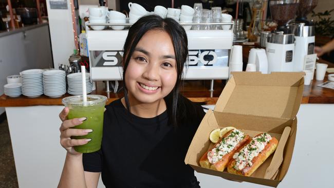 Olivia Tran with food served in cardboard packaging and Recyclable cups at Seven Grounds, Brompton. Picture: Michael Marschall