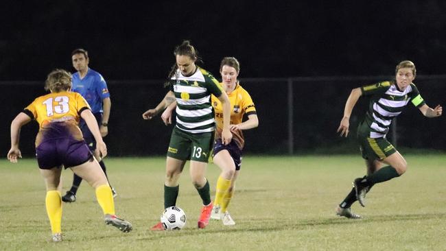 Western Pride footballer Abbey Lloyd controls the play on her way to scoring a hat-trick against The Gap. Picture: Kerryn Hyett