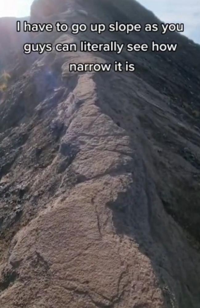 One tourist showed just how narrow Mount Agung’s path is during his hike. Picture: TikTok/heythomask