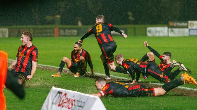 Preston Lions celebrate Matt Whelan's late winner. Picture: Matt Johnson.