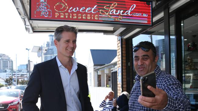 Labor candidate for Parramatta Andrew Charlton campaigning in Harris Park. Picture: Britta Campion/The Australian