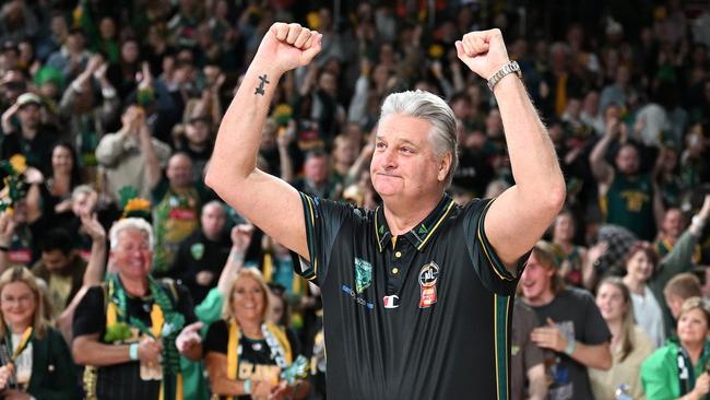 HOBART, AUSTRALIA - NOVEMBER 15: Scott Roth, Head Coach  of the Jackjumpers celebrates the win with fans during the round nine NBL match between Tasmania Jackjumpers and Brisbane Bullets at MyState Bank Arena, on November 15, 2024, in Hobart, Australia. (Photo by Steve Bell/Getty Images)