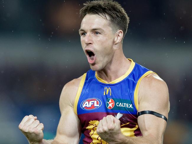BRISBANE, AUSTRALIA - APRIL 20: Lincoln McCarthy of the Lions celebrates a goal during the 2024 AFL Round 06 match between the Brisbane Lions and the Geelong Cats at The Gabba on April 20, 2024 in BRISBANE, Australia. (Photo by Russell Freeman/AFL Photos via Getty Images)