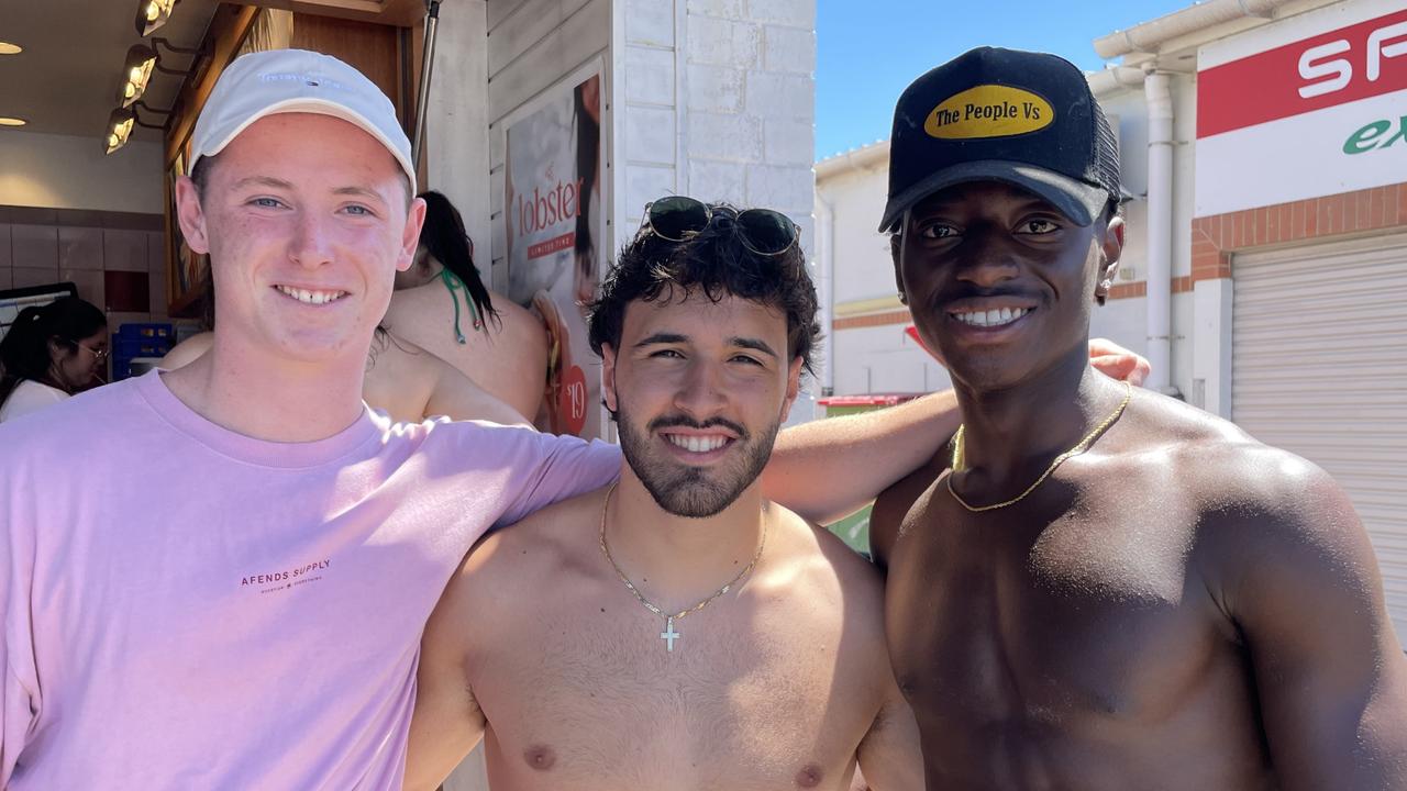 Lenny Hickey, 18, Cristian Ciampa, 19, and Acelin Adama, 18, at Byron Bay Schoolies celebrations. Picture: Sam Stolz