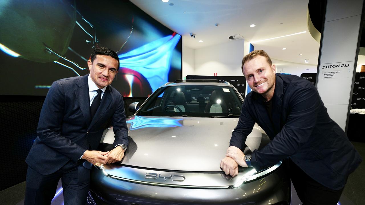 Socceroos great Tim Cahill unveils the first BYD Atto 3 right hand drive EV in Australia. Picture: Nathan Richter