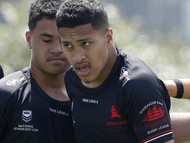 Lajuan Vito celebrating his try with his Endeavour Sports High teammates during the NRL Schoolboy Cup Quarter Final between Endeavour Sports High and Illawarra Sports High at Kirkham Oval in Elderslie. Picture: Jonathan Ng