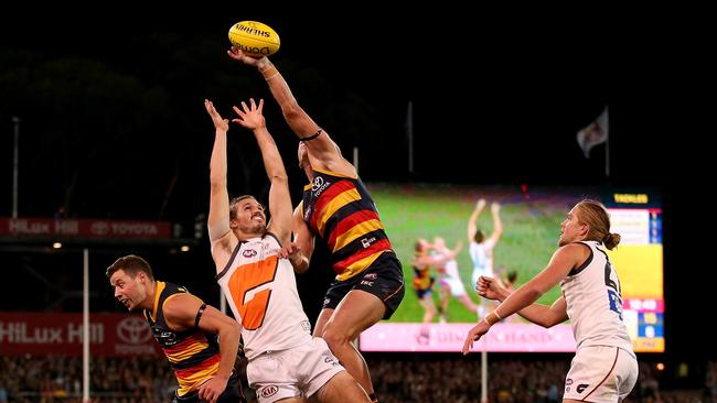 Daniel Talia spoils GWS captain Phil Davis. Picture: James Elsby/AFL Photos/Getty Images