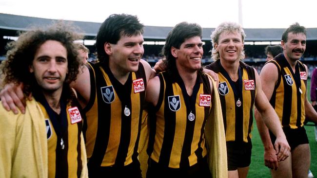 John Platten, Jason Dunstall, Gary Ayres, Dermott Brereton and John Kennedy Jr celebrate their 1986 grand final win over Carlton. Picture: Tony Feder/ALLSPORT