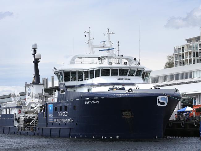 Ronja Huon boat owned by Huon Aquaculture docked next to Princes Wharf Shed no. 1 in Hobart. Picture: NIKKI DAVIS-JONES