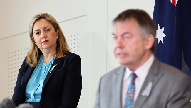 Queensland Premier Annastacia Palaszczuk, left, and Commissioner Walter Sofronoff during the handing down of the DNA Inquiry report. Picture: NCA NewsWire/Tertius Pickard