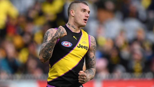 Dustin Martin celebrates a goal against Hawthorn.