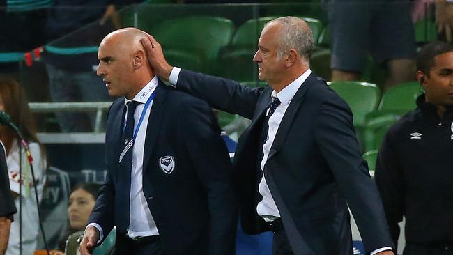Melbourne Victory coach Kevin Muscat and Sydney FC's coach Graham Arnold.