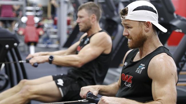  Robbie Gray and Brad Ebert in the gym during the Power’s preseason camp in Noosa. Gray has knee soreness and will miss the Power’s intra-club match on Friday as well as AFLX.  Picture SARAH REED