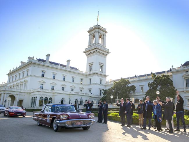 Daniher Drive start Govt. House   ,Victorian  Governor Linda Dessau,  and Tony Howard wave to the drivers SINGLE USE ONLY NO ARCHIVING