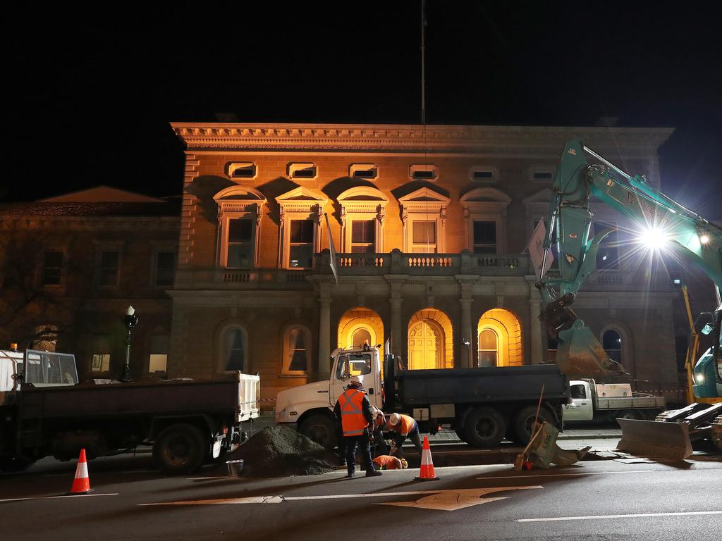 Work in Macquarie Street Hobart on the hole that will house the chamber performance artist Mike Parr will live in for 72 hours during Dark Mofo. Picture: NIKKI DAVIS-JONES