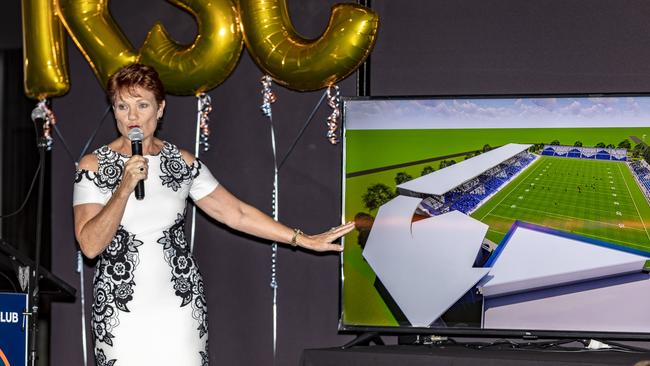 One Nation leader Pauline Hanson speaking at the first annual dinner for the Rocky Sports Club where the Rocky Stadium proposal was announced.