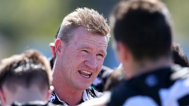 Nathan Buckley talks to his players on Saturday. Picture: Michael Klein