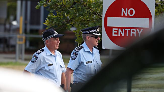 Police at North Lakes State College. Parents of children at the school received a letter telling them online threats had been made. Picture: Annette Dew