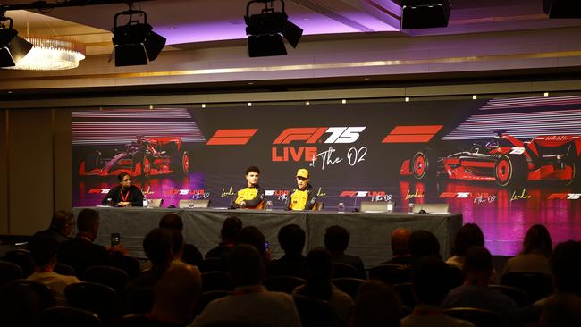 Lando Norris and Oscar Piastri talk to the media during a press conference prior to F1 75. Photo by Sam Bloxham/Getty Images.