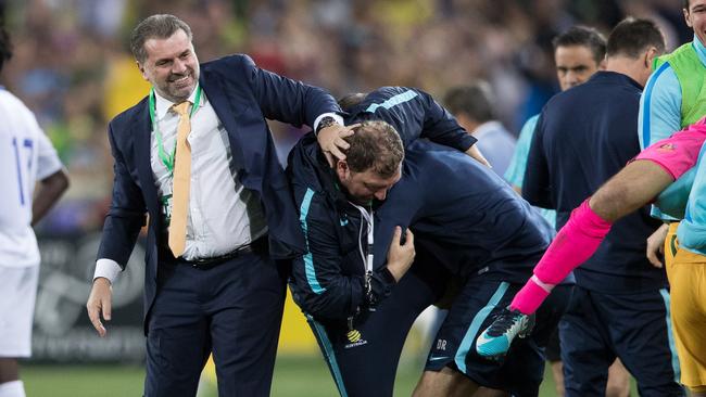 Ange Postecoglou celebrates the Socceroos’ intercontinental playoff win against Honduras. Picture: Getty Images