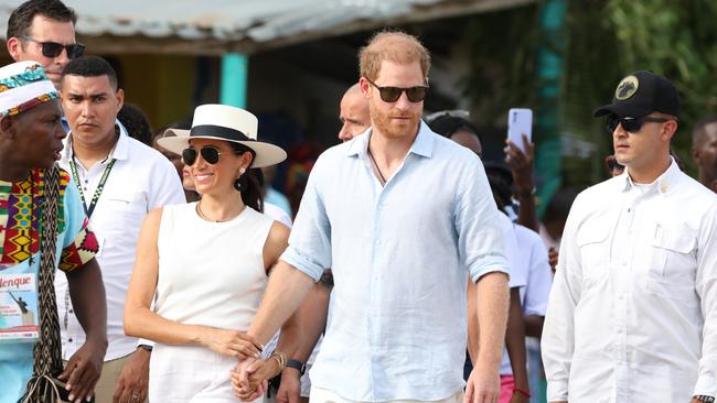 Prince Harry and Meghan, during a visit to Colombia last month. Picture: Getty