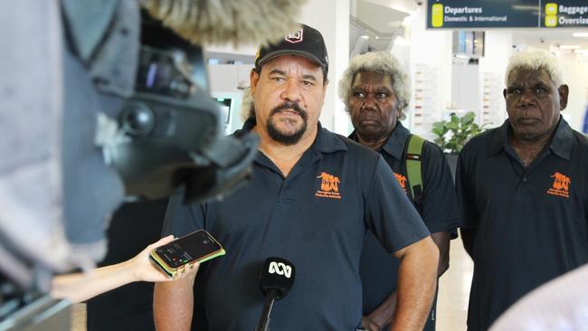 Aboriginal Areas Protection Authority board member Chris Neade speaks to the media at Darwin airport on his way to Canberra on Sunday. Picture: Jason Walls