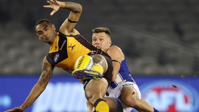 Shaun Burgoyne is tackled by Shaun Higgins in Round 4. Picture: Michael Klein