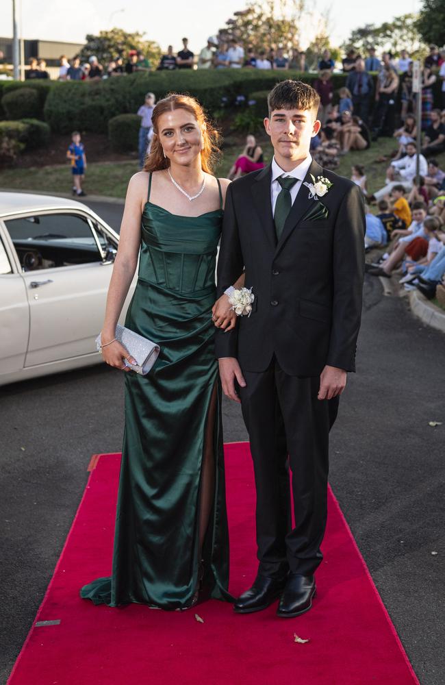 Graduates Bridie Mattocks and Lachlan McMahon arrive at Mary MacKillop Catholic College formal at Highfields Cultural Centre, Thursday, November 14, 2024. Picture: Kevin Farmer